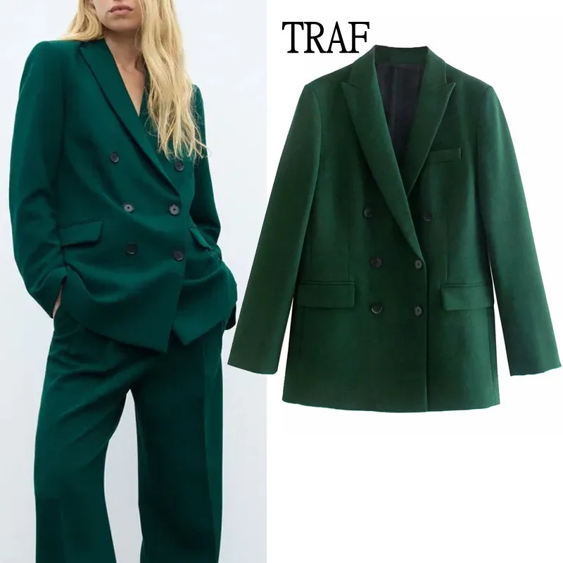 TRAF Femei Blazer 2021 Moda la două Rânduri Casual Verde Blazer Sacou Office Lady Maneca Lunga Blazer Elegant Topuri Chic