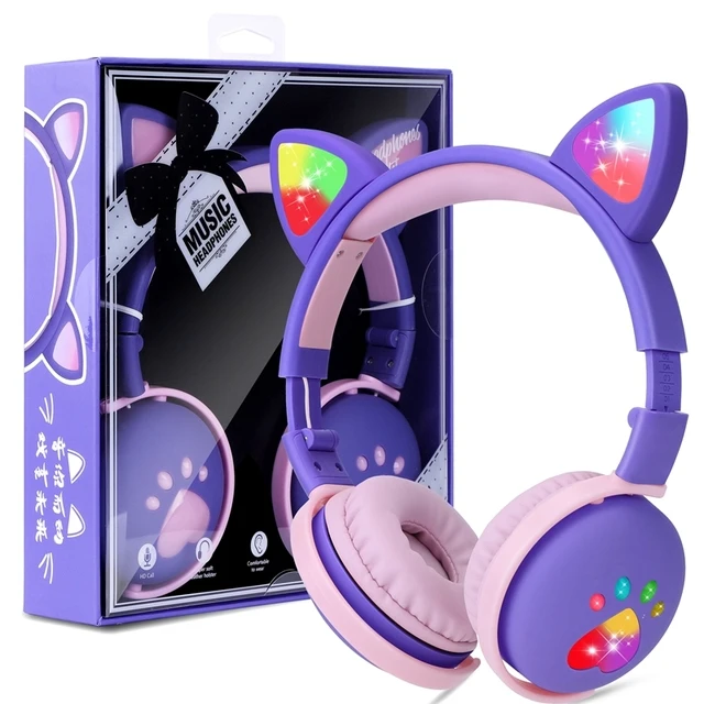 8H Drăguț Pisică Ureche copii fără Fir Căști cu Microfon, LED-uri RGB Stralucitoare Telefon Gamer Bluetooth 5.0 Cască Copii Fete Copii Cadou