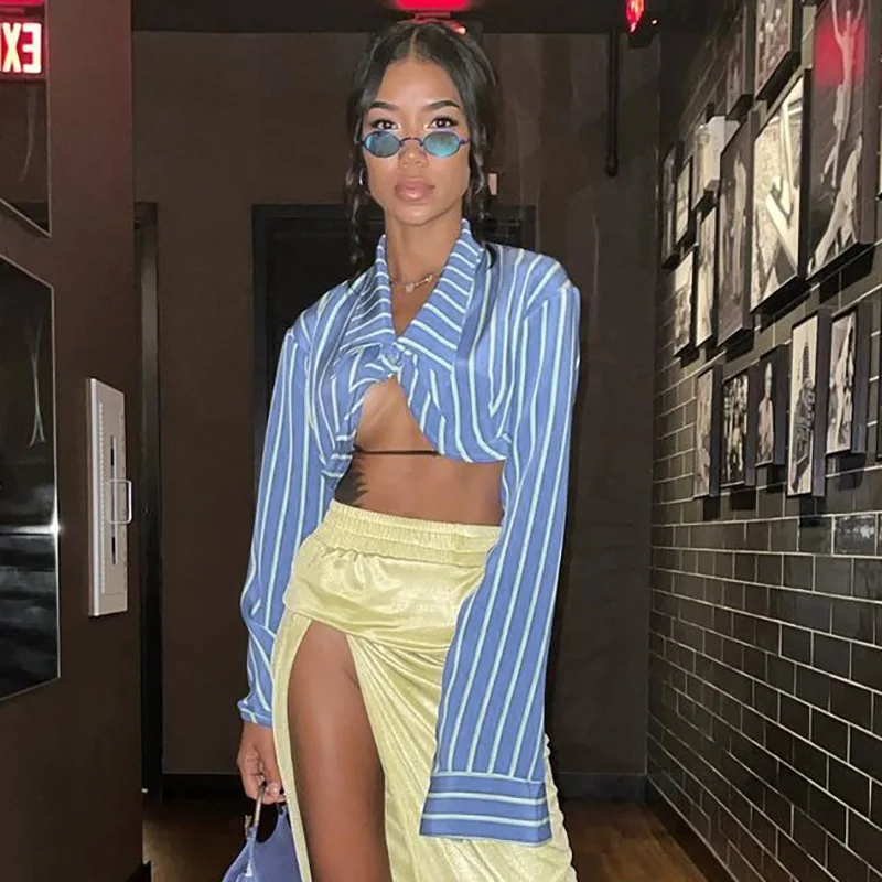 Sibybo Toamna cu Maneca Lunga Bluza Femei Dungă de Moda Guler de Turn-down Buton de Cămașă 2021 Streetwear Femme Sexy Backless Culturilor Sus