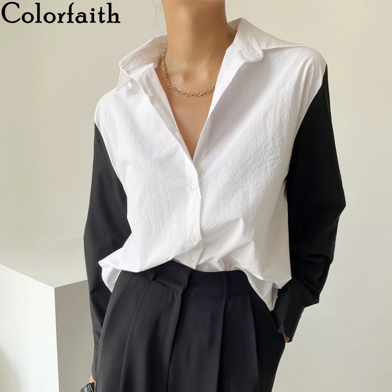 Colorfaith Noi 2021 Femei Vara Autunm Bluze Tricouri Culoare Blocarea la Modă Supradimensionate Elegant Doamnă Birou Sălbatice Topuri BL3862