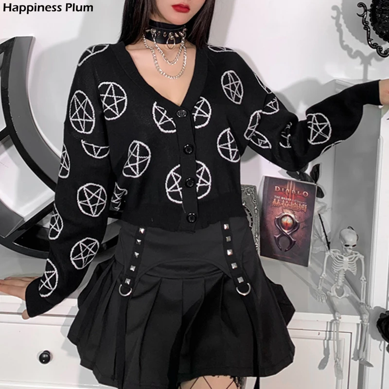 Gotic Negru Tricotate Cardigan Femei Zână Grunge Supradimensionate Pulover Cardigan Y2K Pentagrama Print cu Maneci Lungi Haine de Toamna