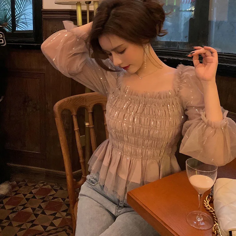 Temperament Chic Coreean Mâneci Șifon Bluza Femei 2021 Vara Gât Pătrat Cutat Plasă De Tricouri Fashion Scurt Sexy 14468 0