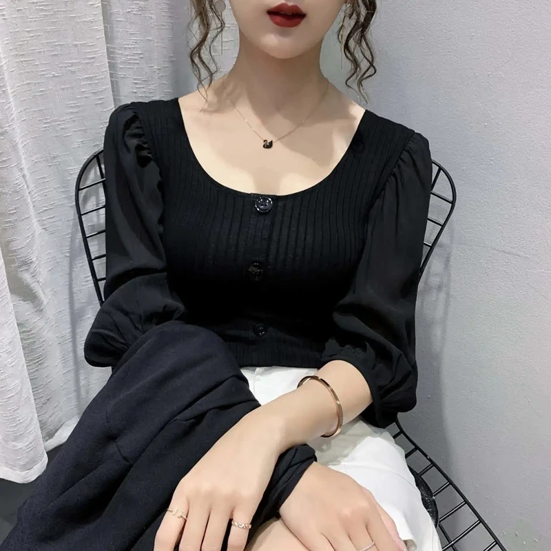 Femei Vintage Bluze Albe 2020 Moda Casual Manșon De Puf Negru Doamnelor Topuri Coreean Haine Tricotate Slim Sexy Toamna Bluza 5