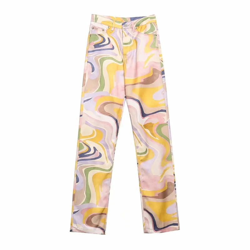 TRAF Za Imprimare Blugi Femei de Înaltă Talie Pantaloni din Denim Streetwear Blugi Drepte Femeie 2021 Epocă Nasturii Y2K Pantaloni 4