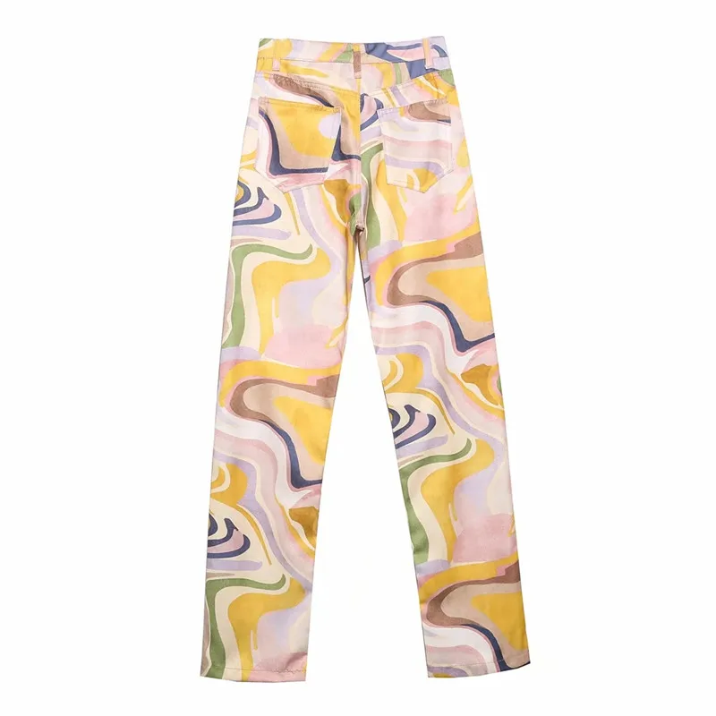 TRAF Za Imprimare Blugi Femei de Înaltă Talie Pantaloni din Denim Streetwear Blugi Drepte Femeie 2021 Epocă Nasturii Y2K Pantaloni 5