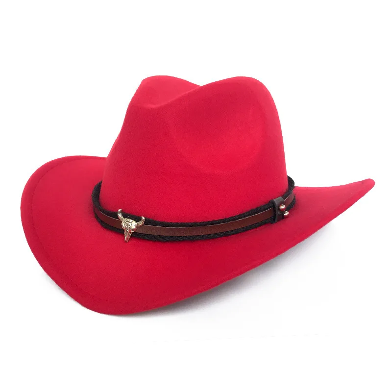 Vest Pălării De Cowboy Moda Imitație De Lână Simțit Metal Cap De Taur Decor Sombrero Hat Pentru Barbati Femei Occidentale Pălării În Aer Liber Cap