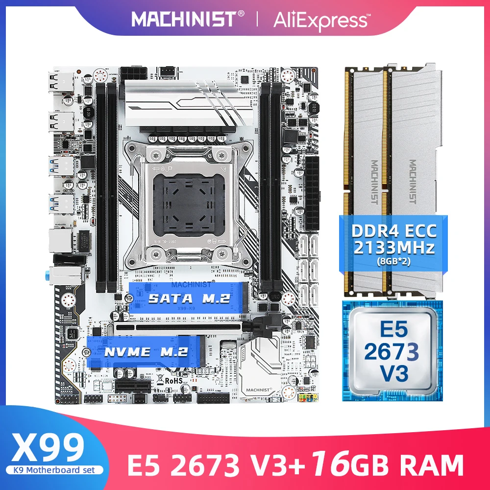 MAȘINIST X99 Placa de baza LGA 2011-3 Set Kit Cu procesor Intel Xeon E5 2673 V3 Procesor 16G(2*8) DDR4 2133 mhz ECC Patru Channe X99-K9