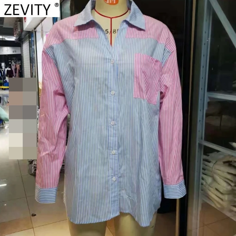 Zevity 2022 de Moda pentru Femei de Culoare de Contrast Dungi Patchwork Print Bluza Bluza Office Lady Buzunar Tricouri Chic Blusas Topuri LS9791