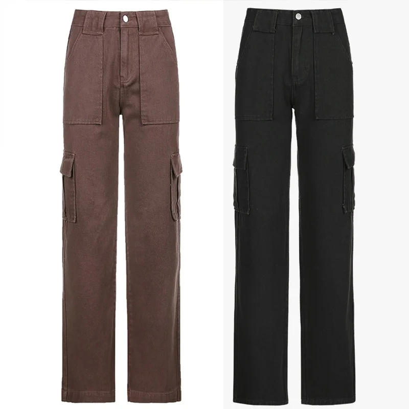 Femei Blugi Maro Vintage Blugi Largi 90 Streetwear Buzunare Largi Picior Pantaloni de Marfă Y2K Talie Joasa Drept Pantaloni din Denim