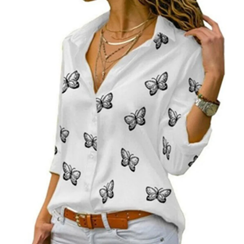 2021 Noua Moda Fluture de Imprimare Femei Bluze cu Maneci Lungi Guler de Turn-down Bluza Tricou Topuri Casual Elegant Tricou