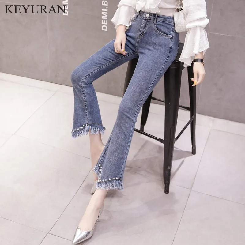 2021 Femei Jeans Plus Size 2XL Femei Blugi Denim Perla Conservatie Talie Mare pentru Femei Ciucure Flare Pantaloni pentru Femeie Pantaloni L3005
