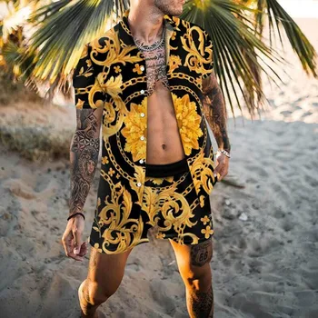 2021 Vara Noi Bărbați Plaja Leopard de Imprimare Rever Cu Mâneci Scurte Buton de Cămașă pantaloni Scurți de Plajă Streetwear Casual Barbati Costum