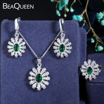BeaQueen 3pcs Argint 925 Seturi Verde Smarald Cubic Zircon Inel Floare Cercei si Pandantiv Colier Bijuterii Femei JS004