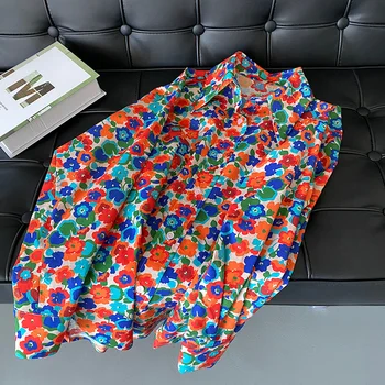 Bloc De Culoare Floral Buton-Up Bluza Oversize Primăvară, Tricouri Femei