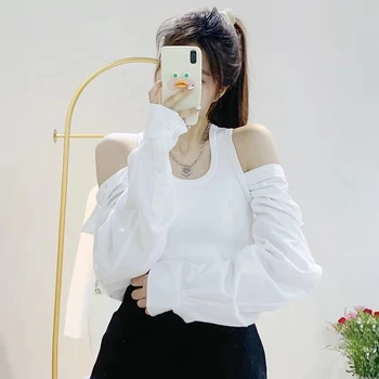 CHICEVER Mozaic Fals Două Piese Tricou Pentru Femei Guler Rever Maneca Lunga Solid Slim Bluze de sex Feminin coreeană de Moda Noua Toamna