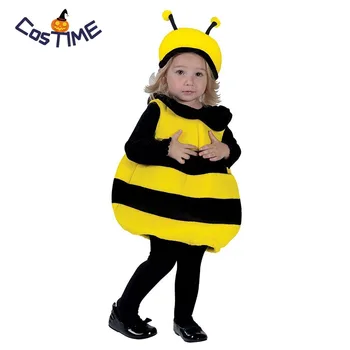 Copii Mici Copii Bee Costume Pic Bumble Bee Dungi Negre Și Galbene, Una Bucată Cu Pălărie, Costum Rochie Fancy Costume De Halloween