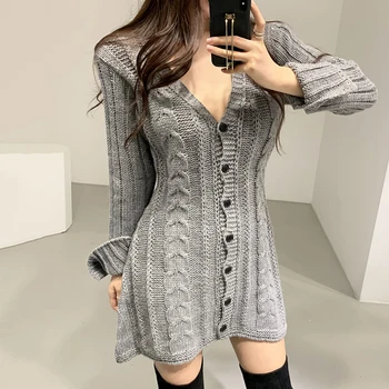 Coreeană Stil Nou Vestidos Femei V-neck Lenjerie de Model Single-breasted Tricot Rochie Mini cu Split Mansete KK813