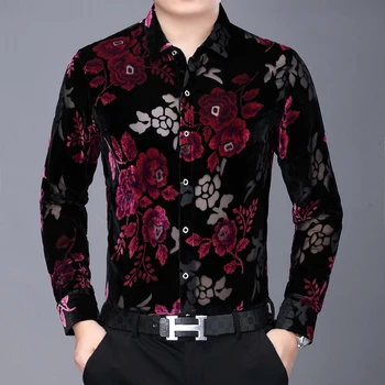 De lux Floare Roșie Cămașă Bărbați de Înaltă Calitate, Transparente Tricou Camisa 2020 Toamna Combinezon Homme Florale Cămașă de Bărbați Îmbrăcăminte 4XL tricou