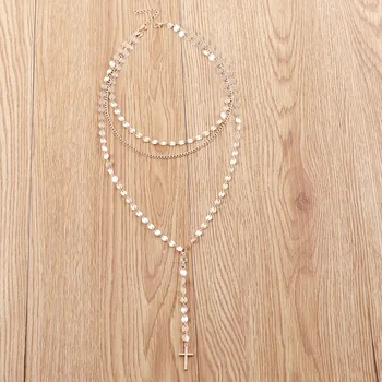Exagerat de Culoare de Aur de Cristal Sequin Cravată Colier pentru Femei Lanț Lung Pandantiv Cruce Multistrat Colier Statement Collier