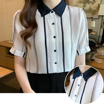 Femei Bluza Șifon Bluze pentru Femei, cu Dungi, Maneci Scurte Topuri Femei-haine de Moda 2022 Polo Neck Butonul de Bază Tricouri