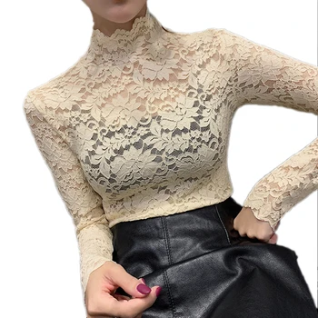 Femei elegante bluza new sosire 2021 Turtle Neck Maneca Lunga Bluza Dantela Florale Top Subțire de Bază cămașa bluze pentru femei xxl