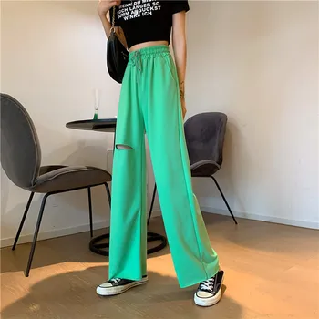 Femei pantaloni de vara traf versiunea coreeană de culoare solidă gaura cordon elastic harajuku Femei pantaloni casual pantaloni sport pentru femei