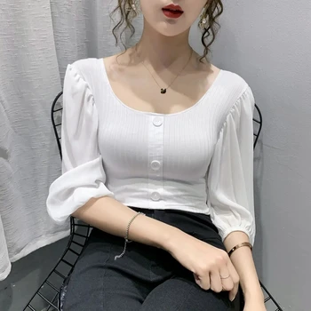 Femei Vintage Bluze Albe 2020 Moda Casual Manșon De Puf Negru Doamnelor Topuri Coreean Haine Tricotate Slim Sexy Toamna Bluza 3