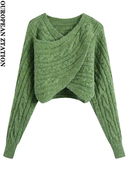 Femeile 2022 za moda noua fata crossover trunchiate cablu unită pulover vintage maneca lunga femei pulovere topuri chic