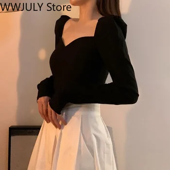 Francez De Epocă Elegante, Topuri Femei, Cu Maneci Lungi Negru Sexy Y2k Bluza Office Lady Moda Coreeană Pură Culoare Tricouri 2021 Toamna
