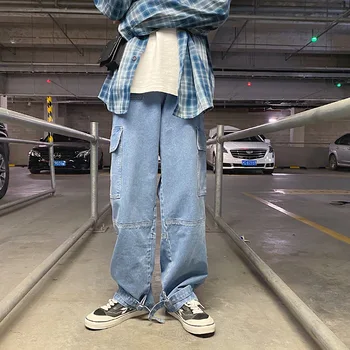 GODLIKEU Mens Largi Picior Pantaloni Denim Liber Drept Umflat Streetwear Skateboard-ul Hip-Hop Pantaloni Cargo Blugi