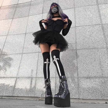 Goth Ochiurilor De Plasă Negru Rochie De Bal Fusta Femei Streetwear Zână Grunge Talie Inalta Fusta Mini Estetic E Fata De Lolita Fuste