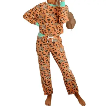 Haina Pantaloni Leopard de Imprimare Tricou Maneca Lunga Set Casual Acasă Set Pijamale Femei 2-Bucata Set cu Lambriuri de Leopard
