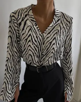 Holiwind 2022 Moda Femei Tricouri Butonul de Jos Rever Abstract/Zebra Print cu Maneci Lungi Tricou Vrac Femme Topuri