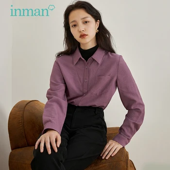 INMAN Bluza Femei Toamna Iarna Fals Două piese de Top a Subliniat Guler Design Simplu Casual Elegant Violet Închis Tricou 3