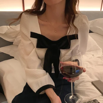 Korejpaa Franceză Bluza Eleganta Pentru Femei Chic Bow Pătrat Guler Contrast De Culoare De Lungă Maneca Scurta Tricou Femei Casual Toamna De Moda