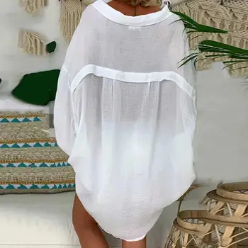 Maneca Lunga Plus Dimensiunea Lenjerie Tricou Femei Alb Buton Jos Camasa Liber Casual Bluza Din Bumbac Pentru Femei Cover Up Alb Rochie De Plaja