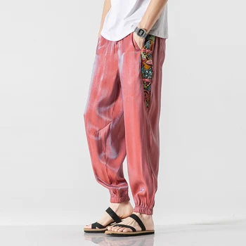 Mens De Vară Japonez Ultra-Subțire De Gheață De Mătase, Pantaloni Harem Naționale Stil Patchwork Joggeri Stil Chinezesc Plus Dimensiune Pantaloni Pentru Bărbați 0