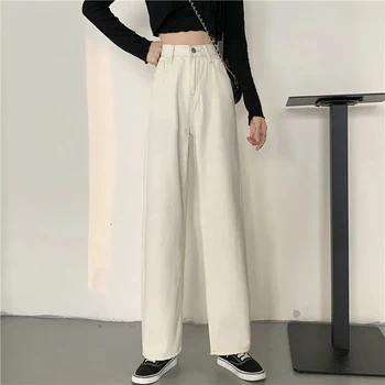 Moda Largi Picior Pantaloni Jeans pentru Femei Largi Pantaloni din Denim Harajuku Înaltă Talie Pantaloni Albi o pereche de Pantaloni drepti pentru Femei Streetwear 1