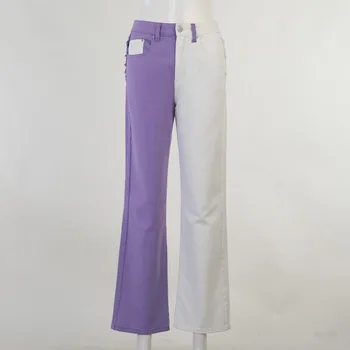 Mozaic De Înaltă Talie Pantaloni 2021 Casual Drept Largi Picior Pantaloni De Moda De Bumbac Buton Violet Cu Lambriuri De Streetwear Femei De Îmbrăcăminte