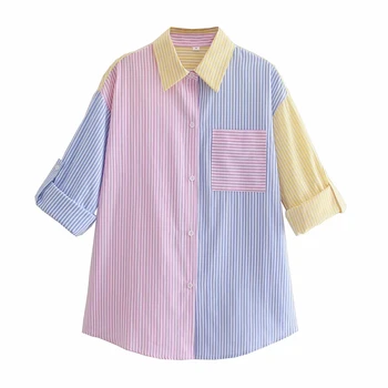 Noi Za De Moda Pentru Femei De Culoare De Contrast Dungi De Imprimare Bluza Bluza Feminin Suflece Mâneca Chimono Tricou Chic Buzunar Blusas Topuri 3