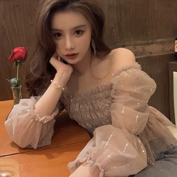 Temperament Chic Coreean Mâneci Șifon Bluza Femei 2021 Vara Gât Pătrat Cutat Plasă De Tricouri Fashion Scurt Sexy 14468 1