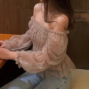 Temperament Chic Coreean Mâneci Șifon Bluza Femei 2021 Vara Gât Pătrat Cutat Plasă De Tricouri Fashion Scurt Sexy 14468 5