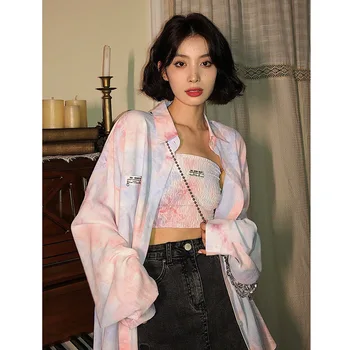 Toamna Bluza Tie Dye Maneca Lunga Tricou Femei Vrac Plus Dimensiune Top coreea Moda Streetwear Epocă Camasi pentru Femei
