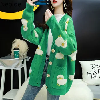 Toamna și Iarna Noua Moda coreeană Femei Pulover Casual și Cardigan cu Maneci Lungi V-neck Buton Supradimensionat Jacheta Cardigan