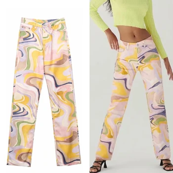 TRAF Za Imprimare Blugi Femei de Înaltă Talie Pantaloni din Denim Streetwear Blugi Drepte Femeie 2021 Epocă Nasturii Y2K Pantaloni 3
