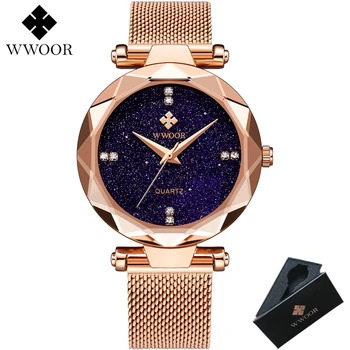 WWOOR Femei Ceasuri de Lux Rose Gold Star Sky Dial Cuarț Doamnelor Ceasuri Relogio Feminino Plasă de Trupa Ceasuri Reloj Mujer